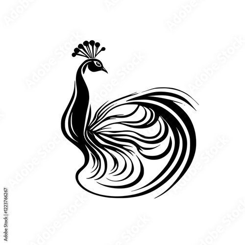 Elegant Peacock: Black and White Artistic Bird Illustration.  A stunning vector graphic of a stylized peacock, perfect for design projects needing an elegant, nature-inspired touch.