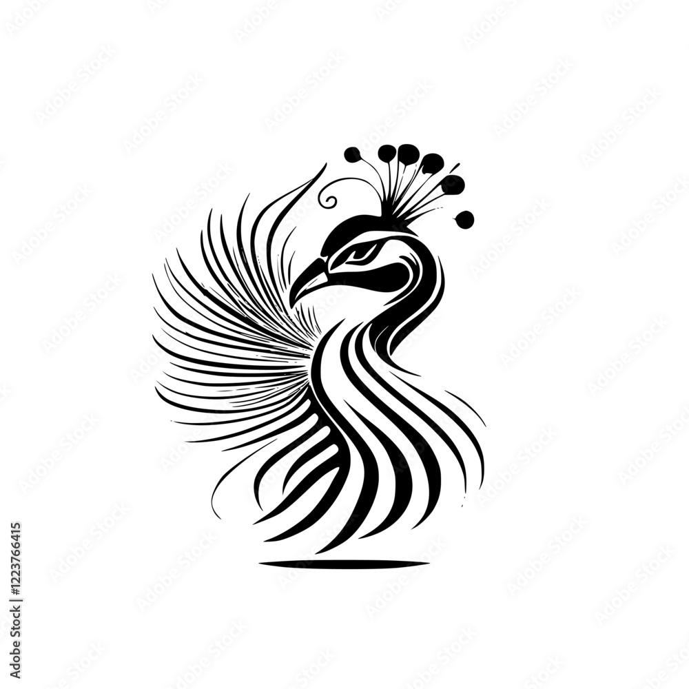 Fototapeta premium Elegant Peacock Bird: Black and White Artistic Design. A stunning vector illustration of a peacock, perfect for home decor, fashion, and more.
