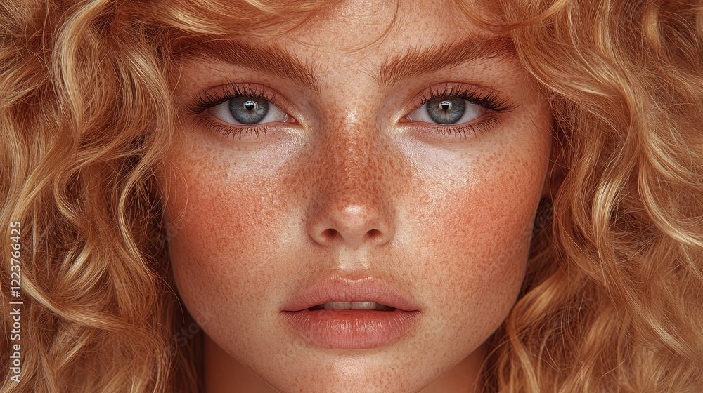 Naklejka premium Close-up view of a young woman showcasing her curly blonde hair and beautiful freckles. She has striking blue eyes and a natural makeup look, highlighting her features