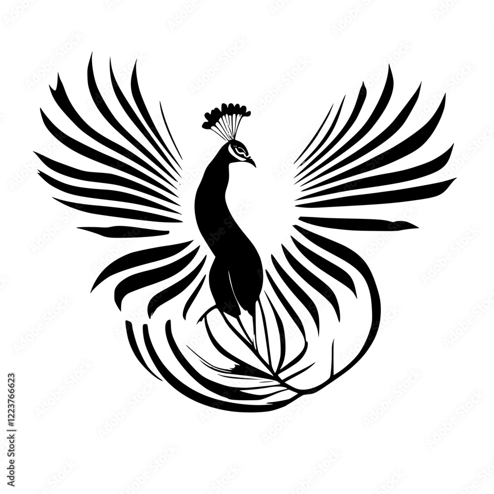 Obraz premium Majestic Peacock: Black and White Abstract Bird Art Print. Elegant stylized peacock design, perfect for home decor or nature lovers. Monochrome bird illustration.