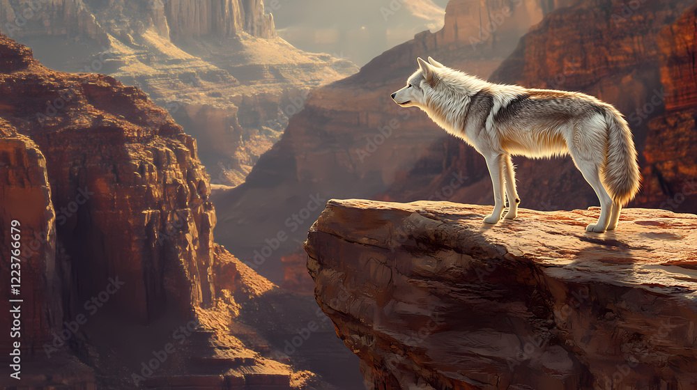 Naklejka premium A lone wolf stands on a rocky ledge overlooking a vast canyon, with the sun shining on its fur. Wild Ridge. Illustration