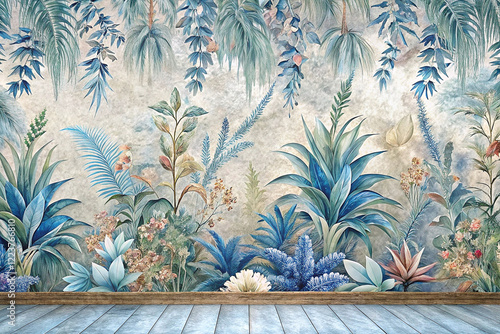 Lush tropical floral wall mural on textured background with wooden floor.