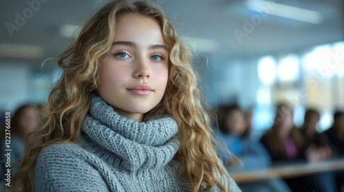 A young woman with curly hair sits in a classroom, looking thoughtfully ahead while wearing a cozy sweater. Classmates are engaged in learning around her as the teacher instructs