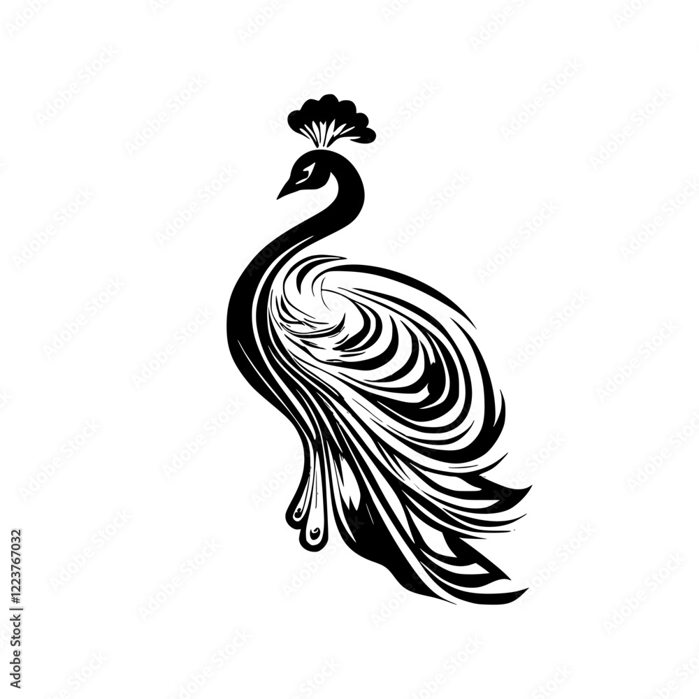 Fototapeta premium Elegant Peacock Bird: Black and White Abstract Feather Design. A stunning vector graphic of a stylized peacock, perfect for various design projects.