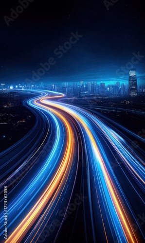Dynamic Night Scene of City Highway with Colorful Light Trails and Urban Skyline Under Starry Sky