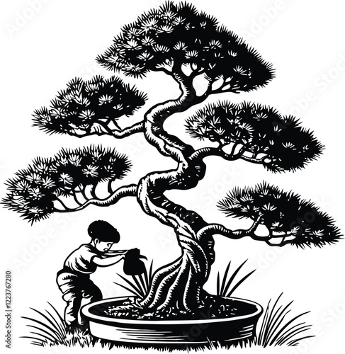 Bonsai tree in pot transparent background vector with a twisted trunk and lush foliage, symbolizing art sketch engraving ink poster black illustration set of trees