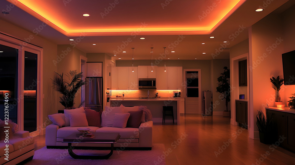 Modern living room illuminated by a mix of warm LED lighting, including ceiling lights, floor lamps, and under-cabinet lights Modern living room illuminated by a mix of warm LED lighting, including ceiling lights, floor lamps, and under-cabinet lights