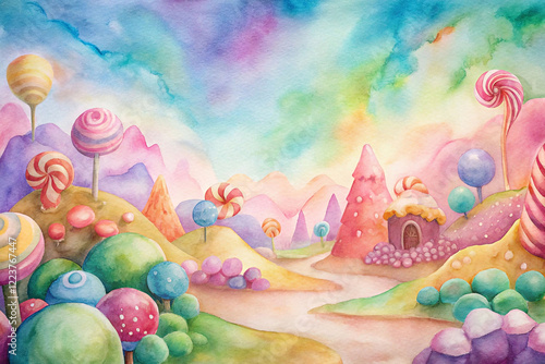 Watercolor candy land landscape with lollipop trees, gumdrop hills, and gingerbread house.