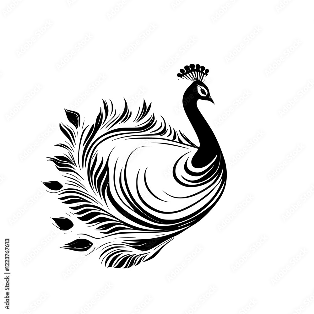 Fototapeta premium Elegant Peacock Feather Design: Black and White Bird Illustration