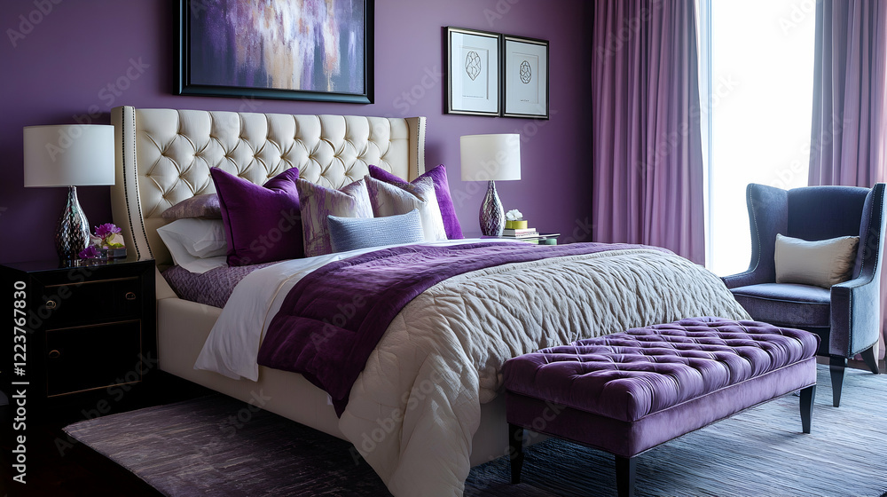Modern purple bedroom design featuring luxurious and calming d?(C)cor for a tranquil space Modern purple bedroom design featuring luxurious and calming d?(C)cor for a tranquil space