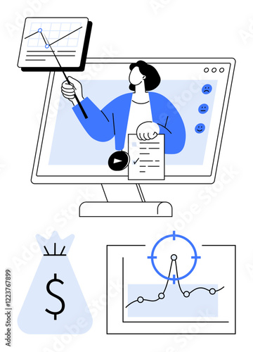 Professional presenting data on a screen, financial growth chart, money bag, and target focus. Ideal for business analytics, e-learning, finance, strategy, goal setting growth abstract line flat