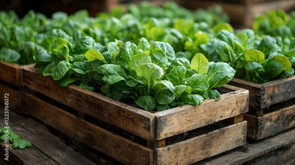 Lush green lettuce plants in wooden crates, greenhouse setting, healthy organic produce Lush green lettuce plants in wooden crates, greenhouse setting, healthy organic produce