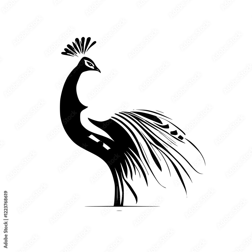 Fototapeta premium Elegant Peacock Silhouette: Black and White Bird Illustration