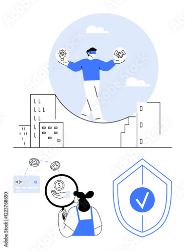Person balancing lightbulb and puzzle piece over cityscape, woman examining magnifying glass over money, shield with checkmark. Ideal for innovation, security, business growth, investment, risk