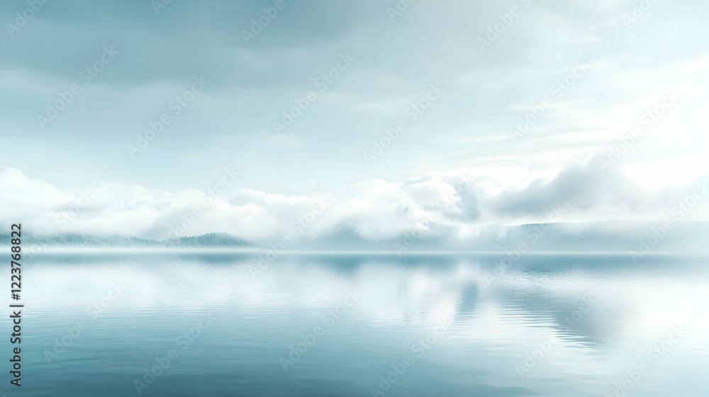 Panoramic view of a spring lake with cloud reflections on the calm water Panoramic view of a spring lake with cloud reflections on the calm water