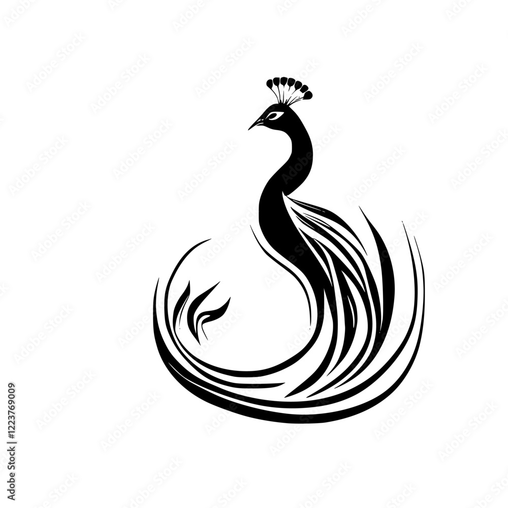 Fototapeta premium Elegant Peacock Silhouette: A Black and White Vector Illustration of a Stylized Peacock Bird. Perfect for Nature, Animal, and Design Projects.