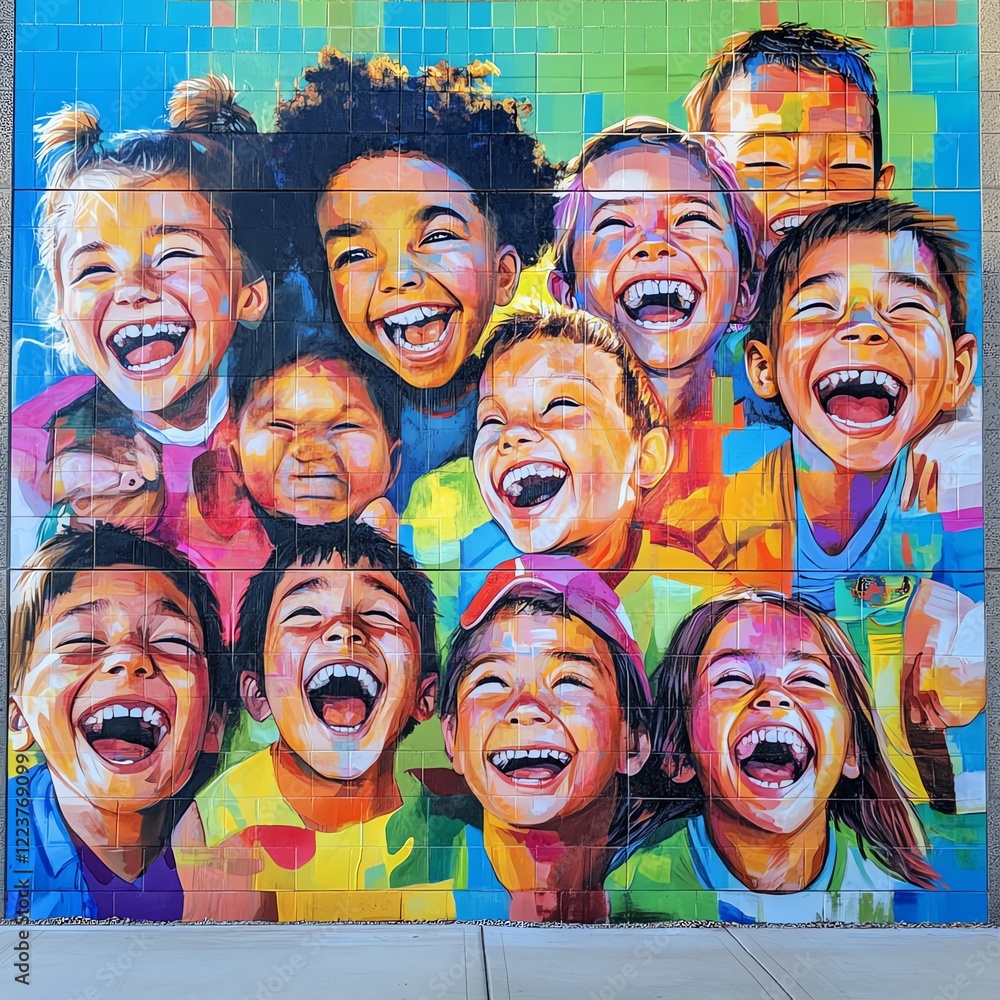 Obraz premium A colorful painting of a group of children with their mouths open and smiling