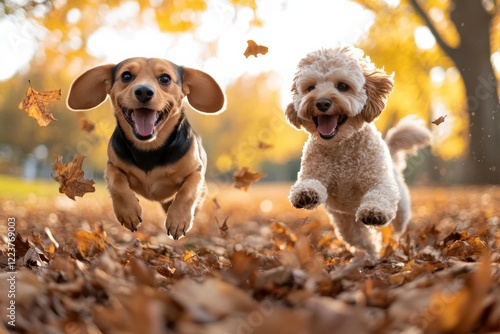 A joyful beagle and a fluffy poodle are exuberantly running through a park, surrounded by vibrant autumn leaves, radiating happiness and carefree spirit in nature. photo