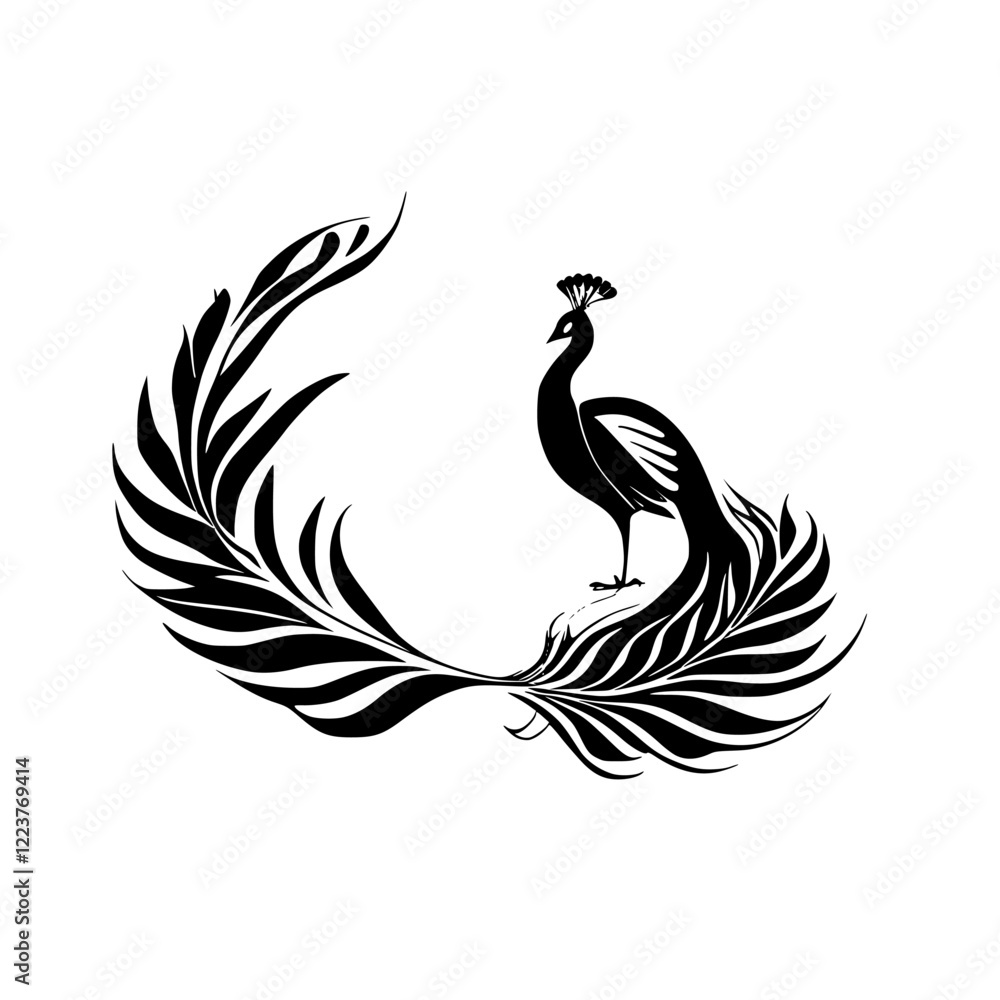Fototapeta premium Elegant Peacock Silhouette: Black and White Bird Art Print. A stunning graphic design featuring a peacock with ornate feathers, perfect for home decor or nature-themed projects.