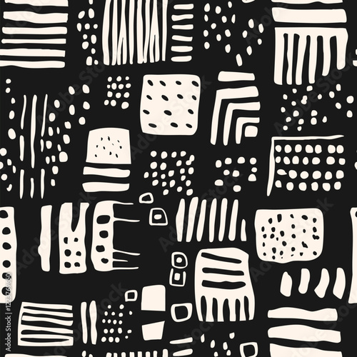 Abstract funky seamless pattern. Vector monochrome texture with chaotic shapes, dots, stripes, lines, brush strokes. Cute trendy black and white background with organic shapes. Repeating dark design