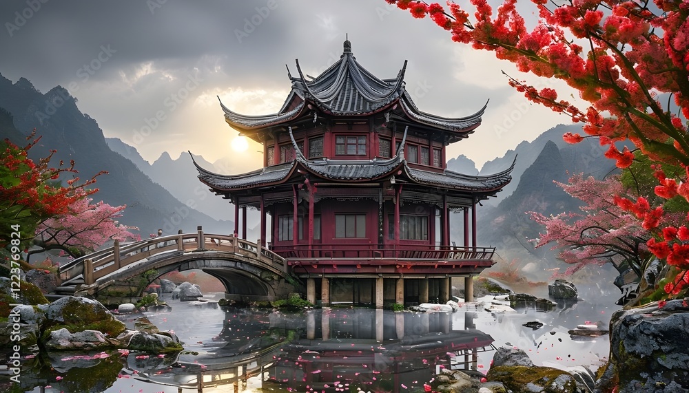 Obraz premium asian temple in park surrounded by trees with res leaves