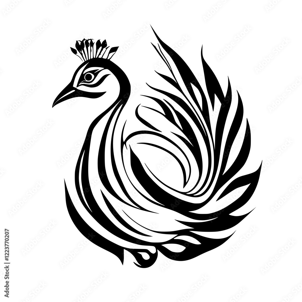 Fototapeta premium Abstract Peacock: Black and White Bird Illustration, Elegant Feather Design, Wildlife Graphic, Nature Symbol, Decorative Pattern