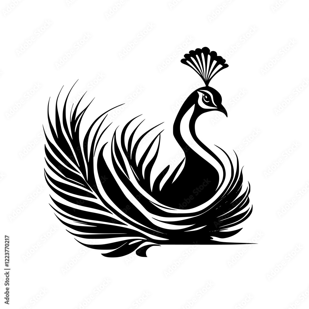 Fototapeta premium Elegant Peacock Feather Design: Black and White Bird Illustration