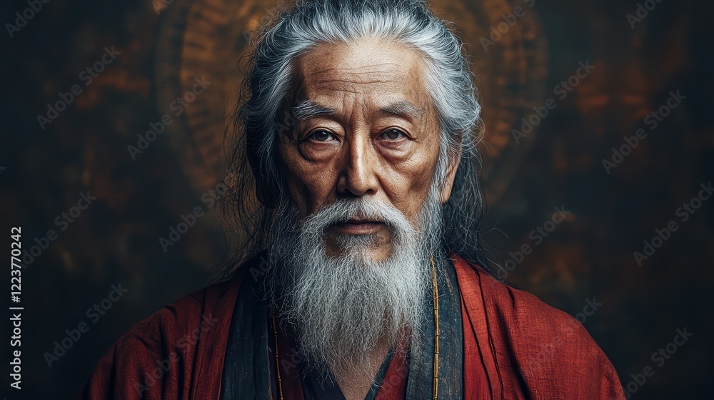 Fototapeta premium An elderly man with a long, white beard and deep-set eyes gazes thoughtfully into the distance. He wears a traditional robe, exuding wisdom and serenity against a softly lit background