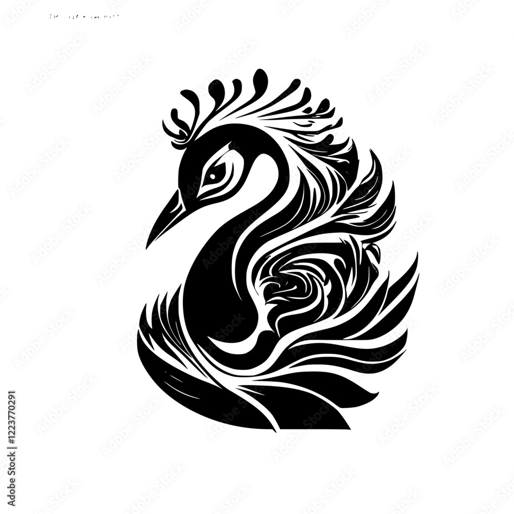 Fototapeta premium Ornate Peacock Bird: Black and White Abstract Animal Design. Elegant Feather Pattern, Wildlife Artistic Graphic Illustration, Vintage Nature Symbol.
