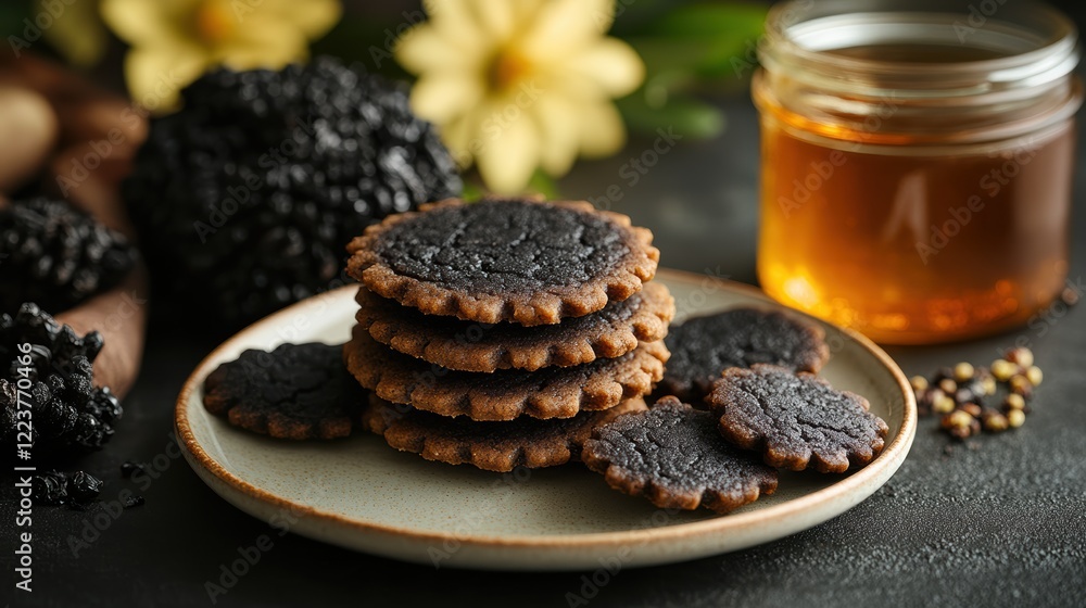 Delightful homemade cookies stacked on a plate, accompanied by a jar of honey and vibrant flowers. A warm and inviting kitchen atmosphere enhances the treat's appeal Delightful homemade cookies stacked on a plate, accompanied by a jar of honey and vibrant flowers. A warm and inviting kitchen atmosphere enhances the treat's appeal