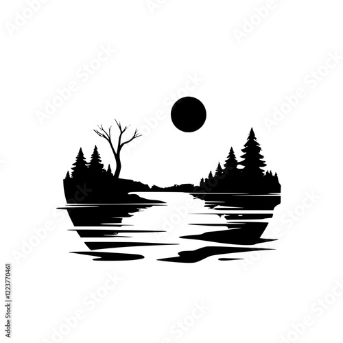 Serene Lake Landscape: Majestic Mountains, Tranquil Waters, and a Setting Sun. A minimalist black and white illustration capturing the essence of nature's peacefulness.