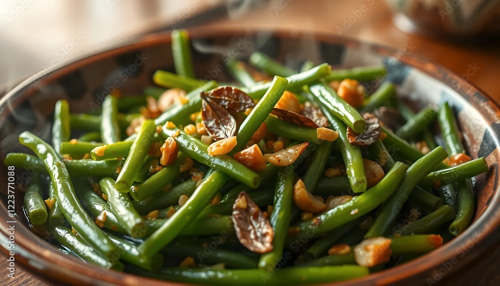 Warm Steaming Green Beans Stir-fried with Crispy Garlic in Rustic Brown Bowl Warm Steaming Green Beans Stir-fried with Crispy Garlic in Rustic Brown Bowl