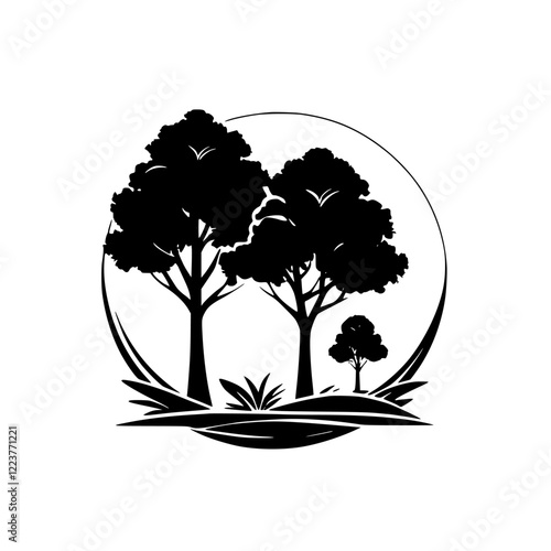 Serene Landscape: Black and White Tree Silhouettes in a Circle. Peaceful Nature Illustration, Minimalist Graphic Design, Vector Art.