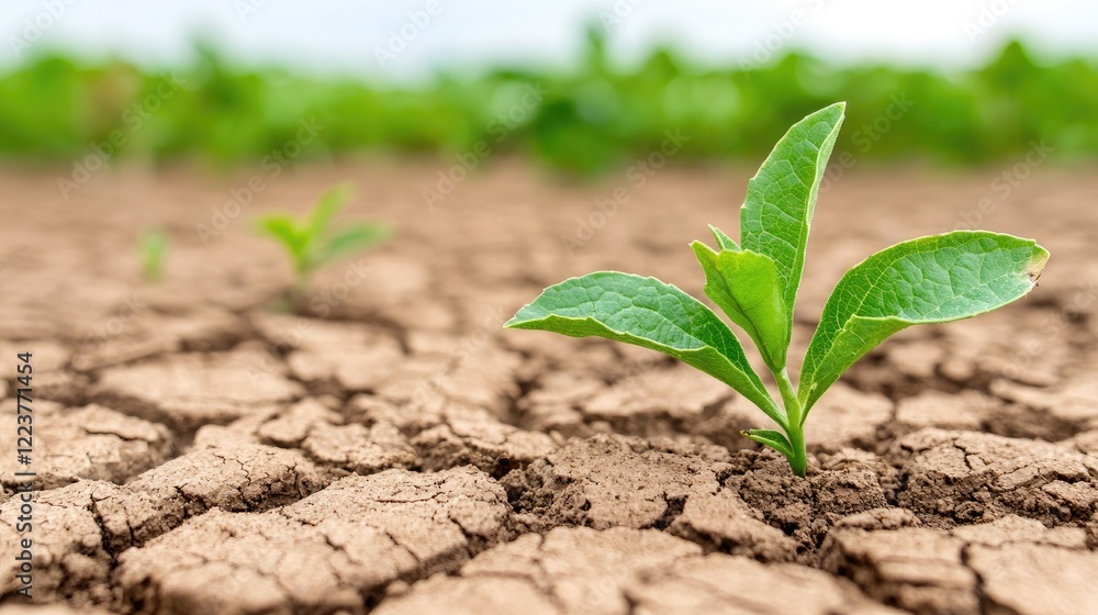 Young plant sprouting in cracked earth, field background, sustainable agriculture, environmental conservation