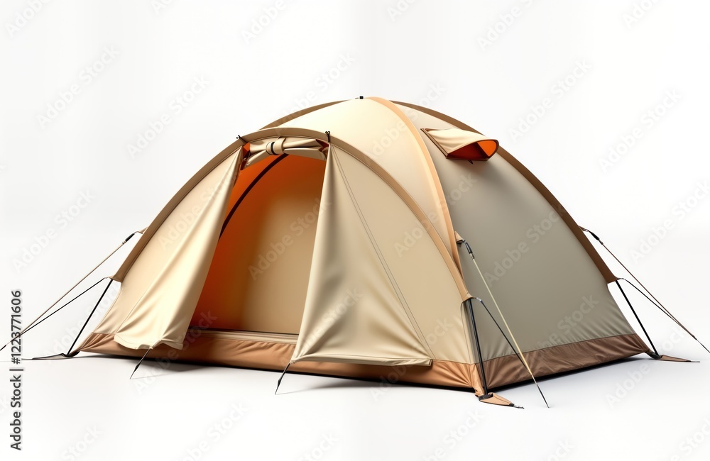 Beige tent stands on white background. Simple design camping equipment. Outdoor leisure activity. Ideal for travel, vacation. Perfect for summer holiday. Image suitable for travel agencies camping Beige tent stands on white background. Simple design camping equipment. Outdoor leisure activity. Ideal for travel, vacation. Perfect for summer holiday. Image suitable for travel agencies camping