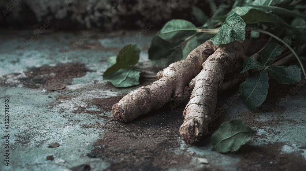 Close-up of Fresh Ginger Root with Leaves on Table Close-up of Fresh Ginger Root with Leaves on Table