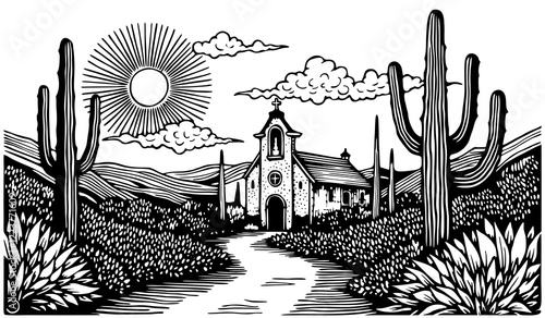 Landscape with cacti, church and sun. Brazilian northeast cordel illustration. Woodcut style. Black and white vector