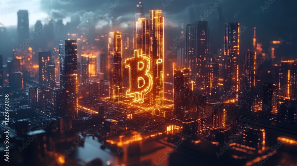 Fototapeta premium A holographic cityscape rises from the ground with skyscrapers made of digital currency representing the convergence of technology and finance in a decentralized world.