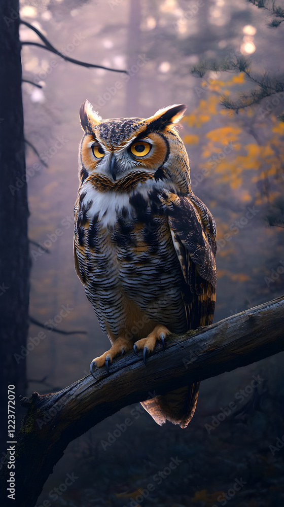 Majestic Twilight Owl Perched in Enchanted Forest Captivating Viewer with Intense Gaze Amidst Illuminated Feathers and Mystical Ambience Majestic Twilight Owl Perched in Enchanted Forest Captivating Viewer with Intense Gaze Amidst Illuminated Feathers and Mystical Ambience
