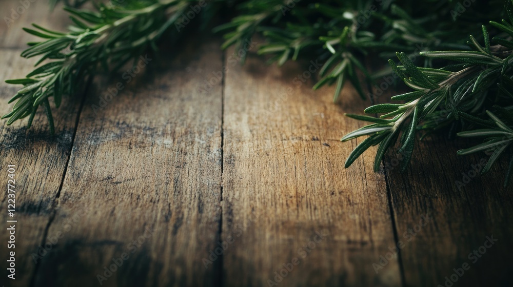 Close-up of Fresh Rosemary Sprigs on Wooden Table, High Fidelity Close-up of Fresh Rosemary Sprigs on Wooden Table, High Fidelity