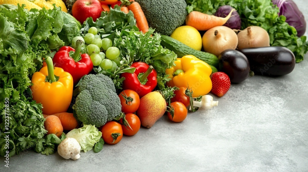 Variety of colorful vegetables and fruits are arranged in an abundant pile ready to be prepared Variety of colorful vegetables and fruits are arranged in an abundant pile ready to be prepared