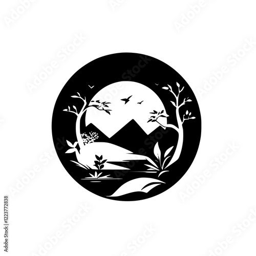 Serene Landscape: Minimalist Black and White Nature Scene.  A tranquil image evoking peace and zen, perfect for nature lovers and design enthusiasts.