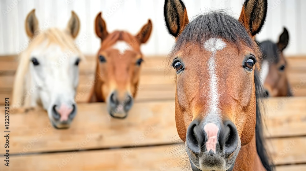 Fototapeta premium Horses peeking over stable fence, rural farm background, animal portrait, stock photo