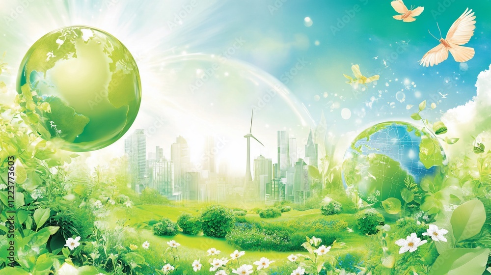 A vibrant illustration depicts a serene landscape with a city skyline and two globes A vibrant illustration depicts a serene landscape with a city skyline and two globes