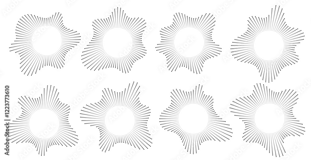 Sound wave, circular equalizer icons, round music soundwave shape, concentric energy burst. Vector illustration.
