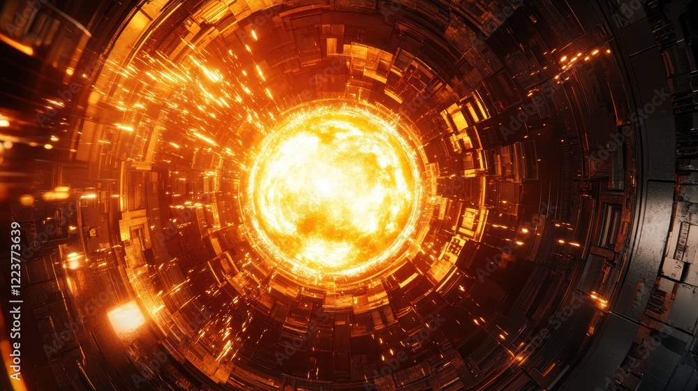 Obraz premium Fiery Orb Within a Futuristic Circular Structure