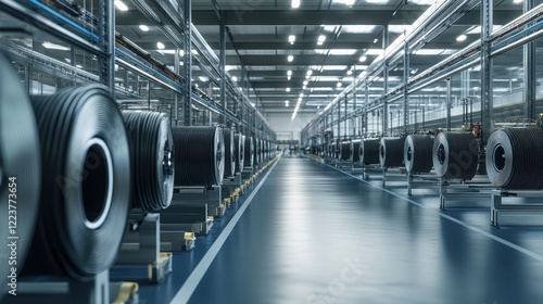 Industrial factory showcasing large metal coils storage