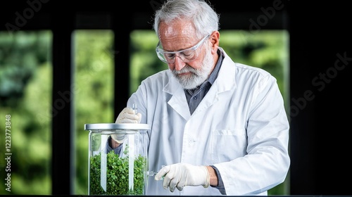 Senior scientist examining plants in lab, nature backdrop, research