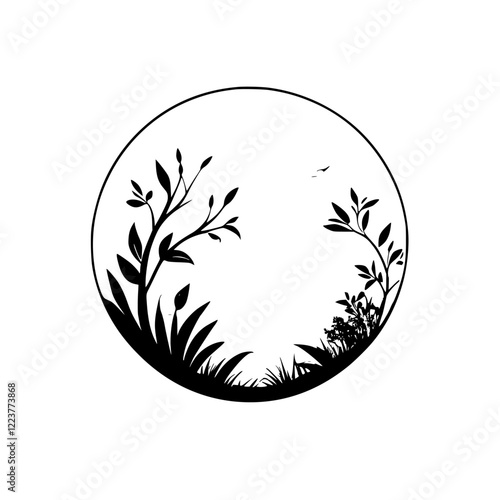 Serene Lake Landscape: Minimalist Black and White Nature Scene. Peaceful mountains, tranquil waters, and lush plants create a calming view.