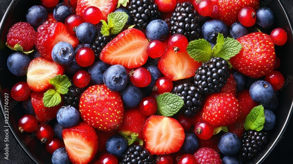 Fototapeta premium Close-up of Mixed Berries in Ceramic Bowl on Dark Background